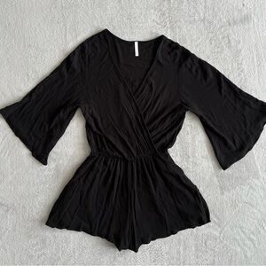 Sage Romper Black Deep V-Neck 3/4 Length Bell Sleeve Size S